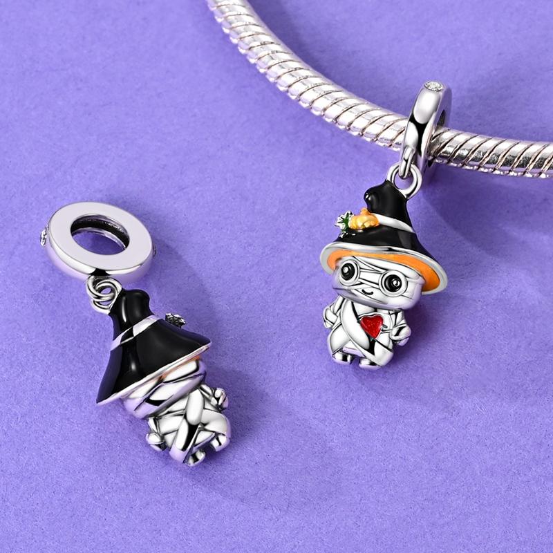 Original Copper Halloween Skeleton Witch Bat Pumpkin Charms Beads Skull Dangle Fit Women Original Bangle Bracelet