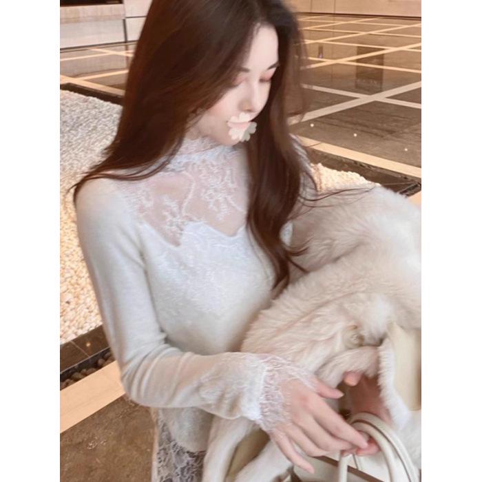 Ribbed Velvet Lace Patchwork High-Neck Top - Chic 270g Base Layer with High-End Design L белый