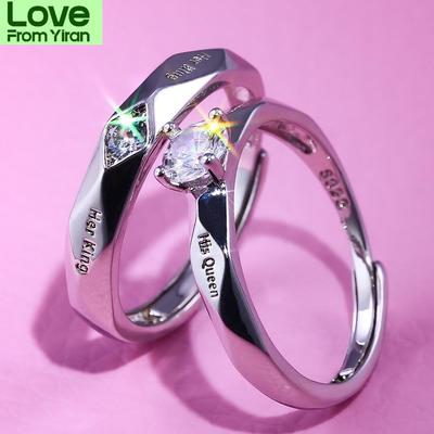 2Pcs /Pair Copper Plated 30 %Silver Letter King Queen Crystal Stone Couple Finger Ring Men Women Valentine Day Present GiftTrendy Rings