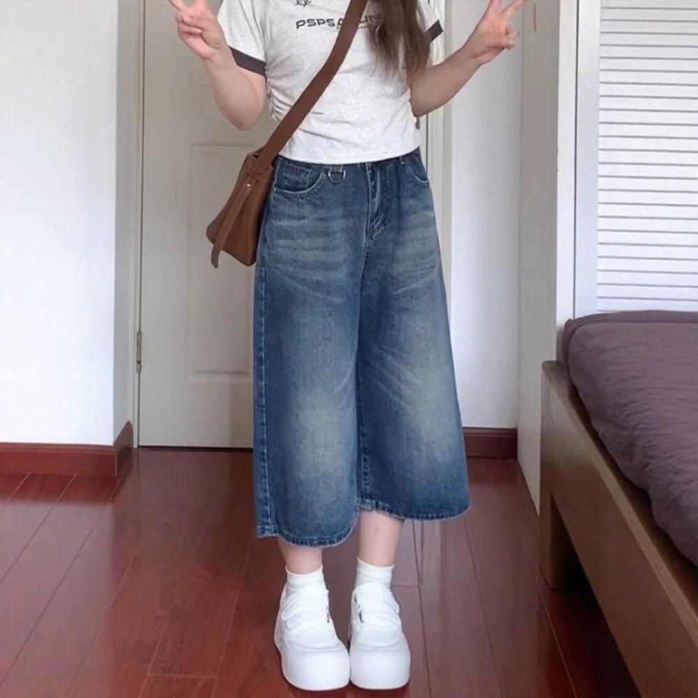Women's High Waisted Vintage Washed Denim Capri Pants Loose Wide Leg Cropped Jeans Casual Streetwear