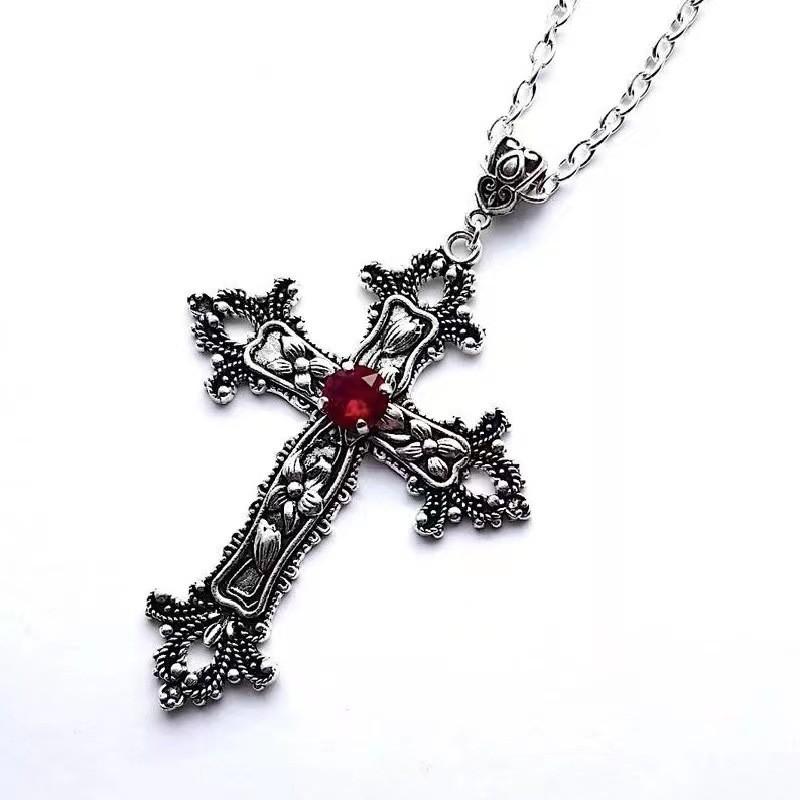 Gothic Dark Red Ruby Cross Necklace Vintage Floral Pendant For Unisex Fashion Lovers