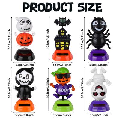 6-teiliges Set solarbetriebener Halloween-Tanzfiguren: Totenkopf, Kürbis, Zombie, Hexe, Fledermaus – Dekoration für Auto und Armaturenbrett