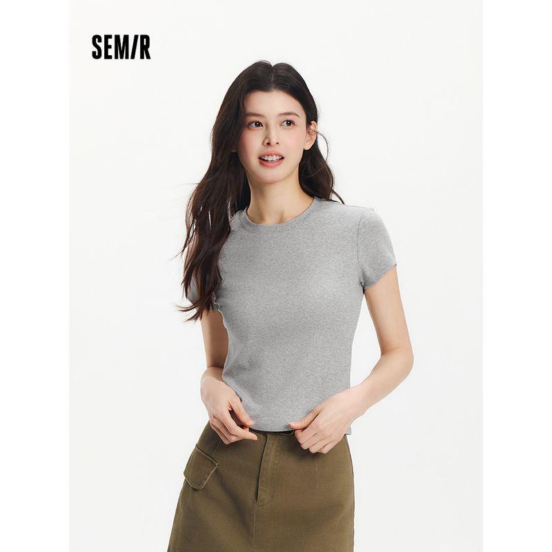 

[Same Style with Mall] Senma Short sleeve T-shirt Women Short Tight Cool Feeling 2025 New Summer Basic round Neck Clothes Medium Flower Ash 00510 155/80A/S