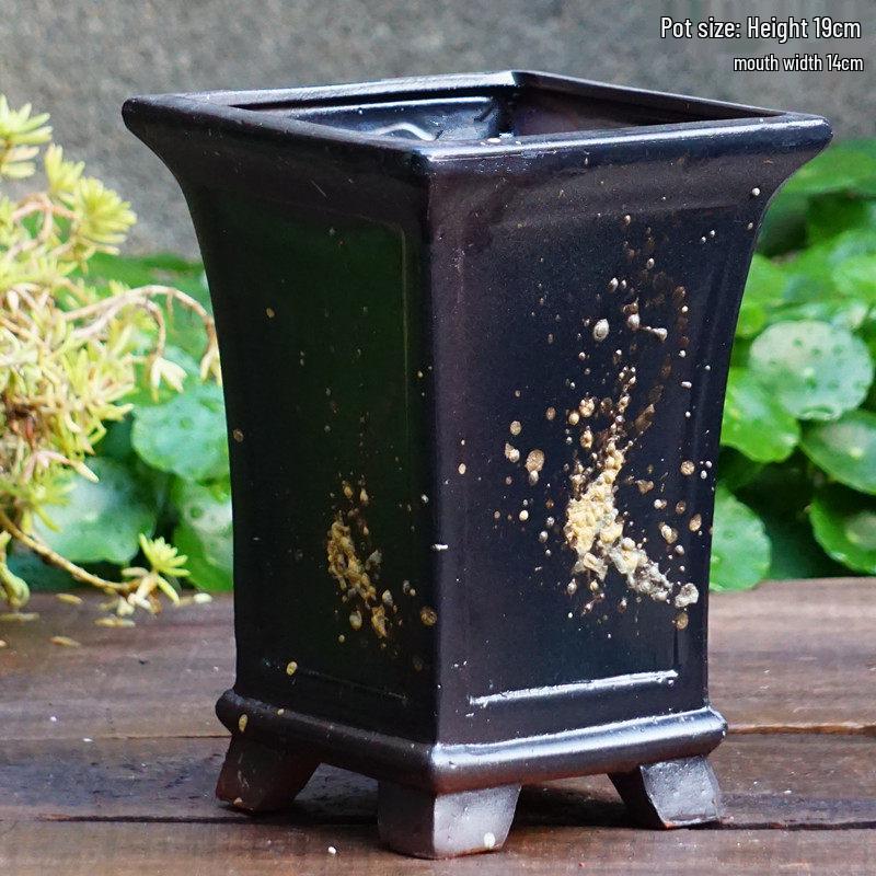 Yixing Handmade Square Mouth Coarse Pottery Planter - Large Succulent Flower Pot with Old Branch Design and Jade Pendant.