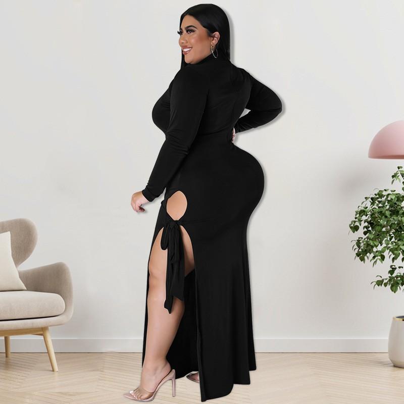 Plus Size Womens Long Sleeve Knit Dress With Zipper Tie Detail Irregular Hem Midi To Maxi In Solid Colors