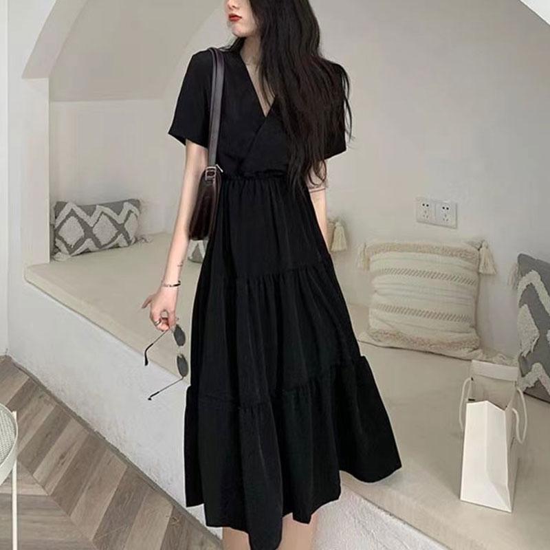 Basic French Style V-Neck Dresses Summer New Short Sleeve Women's Clothing Elegant A-Line Waist Fashionable Patchwork Midi Dress