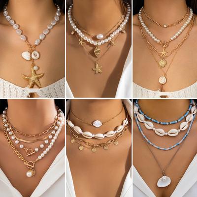 European and American Jewelry Holiday Wind Beach Imitation Pearl Necklace Starfish Storage Retro Casual Necklace Necklace