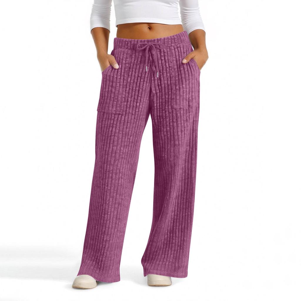 Women's Wide Leg Lounge Pants with Drawstring Waist, Soft Ribbed Knit Casual Relaxed Fit Trousers with Pockets