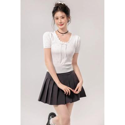 French Lace Edge Pure Desire Wind Waist Front Shoulder Short Sleeve T-shirt Niche Design Sense Fashion Hot Girl Sexy Top Ins