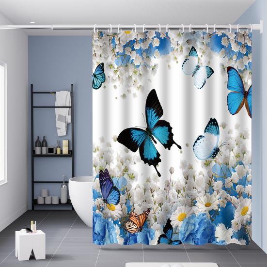 Floral Shower Curtain Spring Farmhouse Bathroom Curtain Waterproof Flowers Butterflies Leaves Bath Curtain with Hooks for Dormitory Shower Bathtub