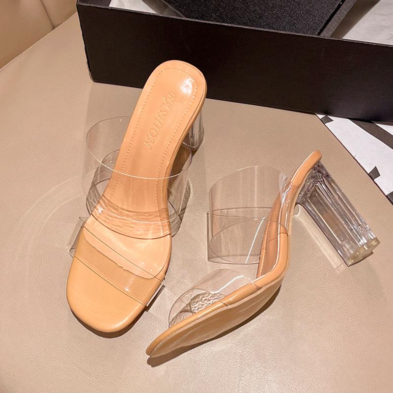 High Heels Sandals Women's Summer New Fashion Transparent Middle Heel Fashion Thick Heel Outer Slippers