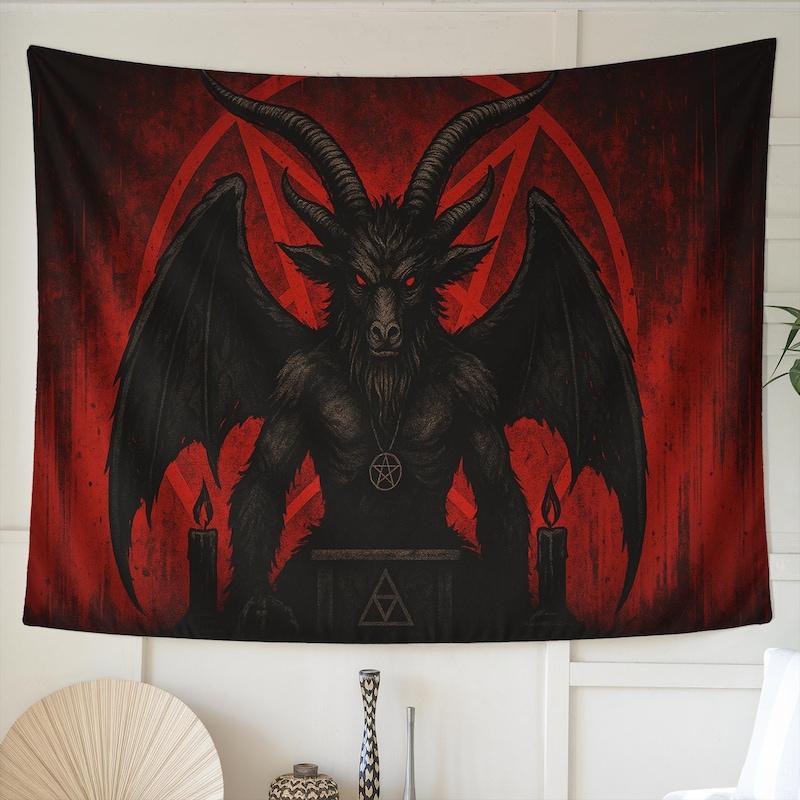 Tapestry occult demon goat in red 75x100 чёрный