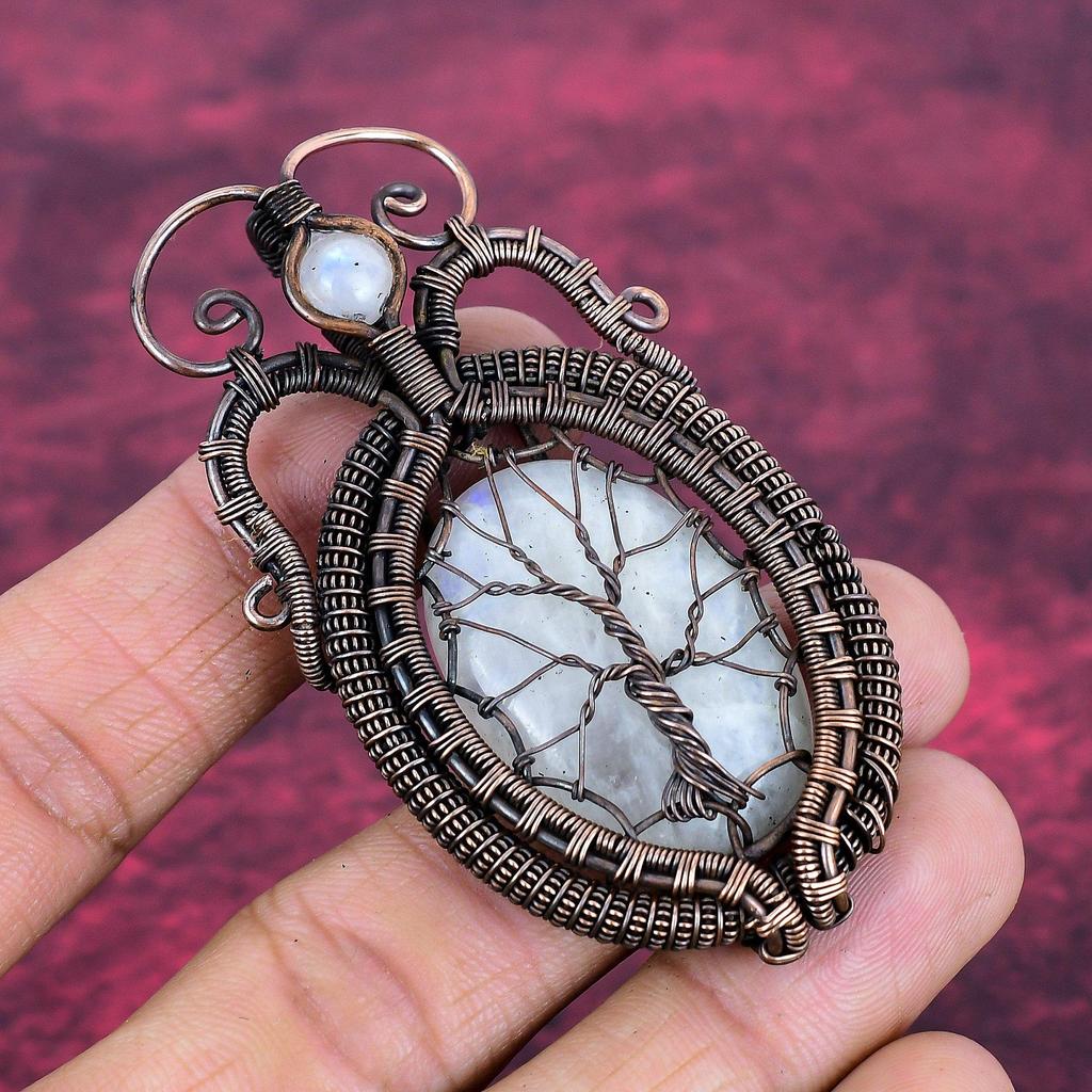 Tree Of Life Rainbow Moonstone Pendant Copper Wire Wrapped Pendant Natural Gemstone Jewelry
