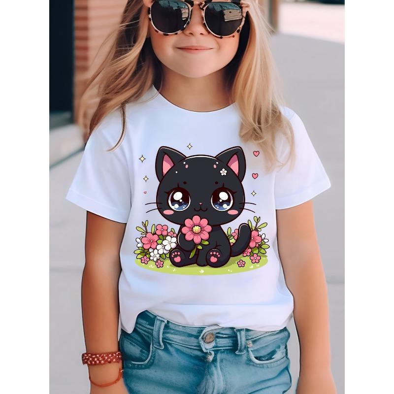 European sizes Summer Fashion Short-Sleeve T-Shirt for Girls Featuring a Cartoon Print of a Kitten Holding Flowers, Casual Top