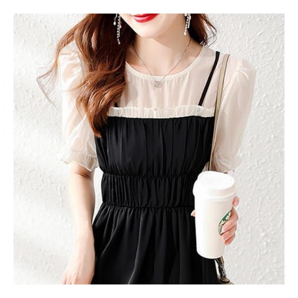 Navava Women ShirrIng Two In One thIn Short Sleeve Dress No741