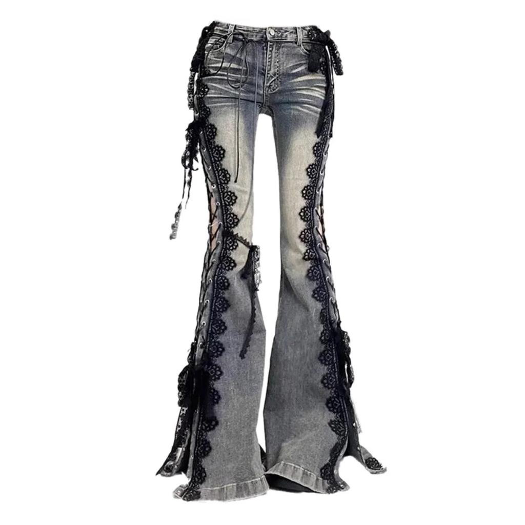 VIONA Damen Dark Academia Goblin Core Harajuku Y2K Low Rise Spitze Jeans Abi Denim Schlaghosen Glockenhose Y2k Japanisch Goth Gyaru Kpop