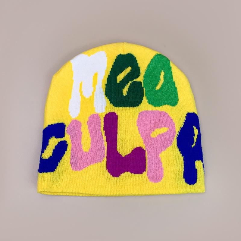 Hip Hop Color Letter Jacquard Knitted Hat Men'S And Women'S Warm Retro American Contrast Colour Pullover Hat