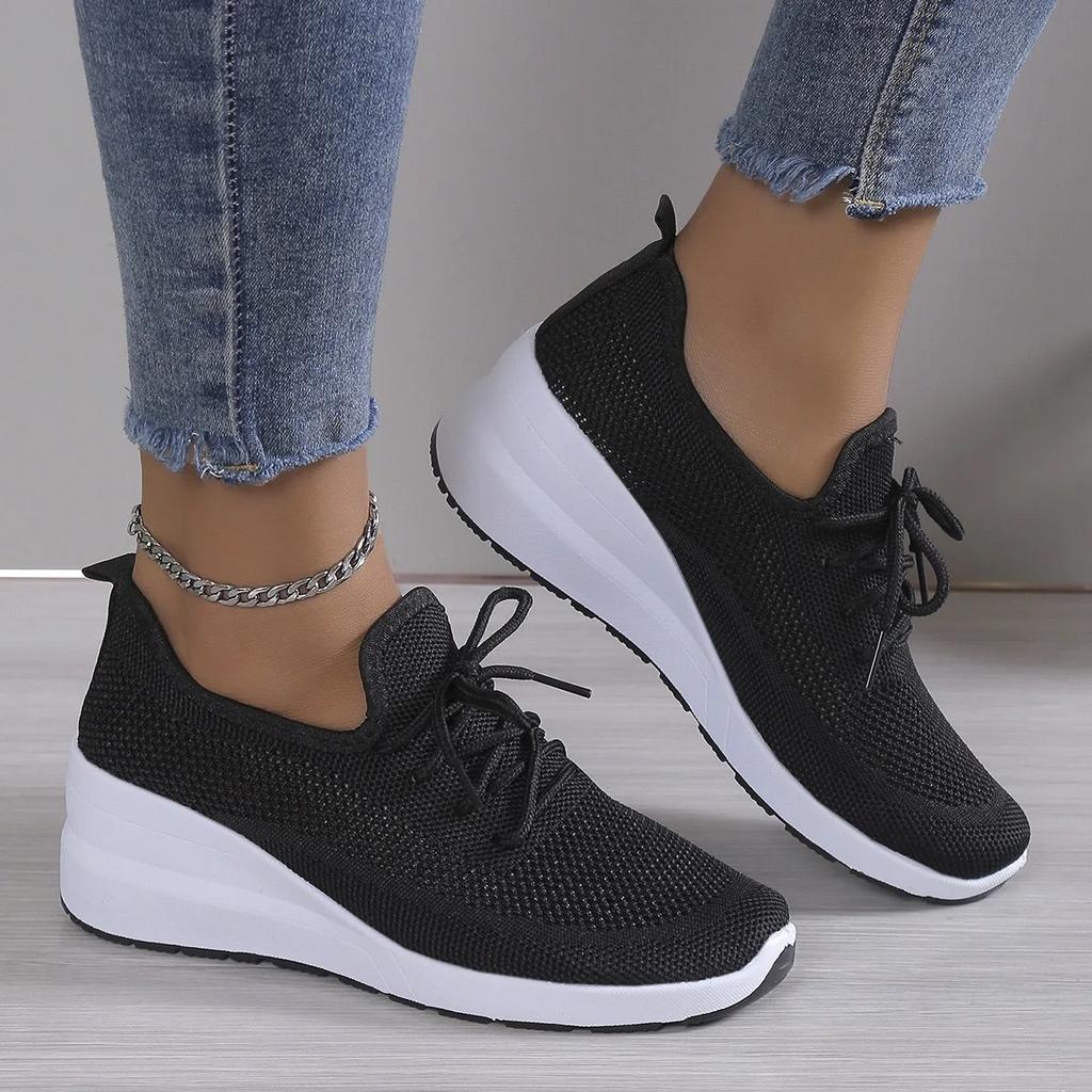 Fashion Breathable Wedge Sneakers Women Mesh Knitted Platform Sports Shoes Woman Casual Non-Slip Lace Up Tennis Shoes Ladies2025