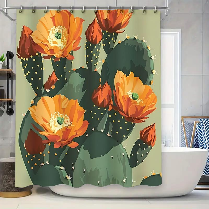 

Cactus Shower Curtain With Vibrant Orange Flowers - Artistic Design For Bathroom Decoration Waterproof Durable Elevate Space W60H190(CM)-1 Pcs