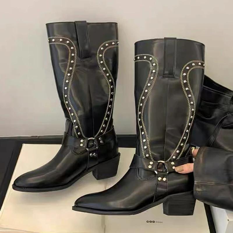 Rivet Retro Western Cowboy Boots Women Designer High Long Boots Ladies Fashion Chunky Heel Autumn Winter Boots Women Botas Mujer