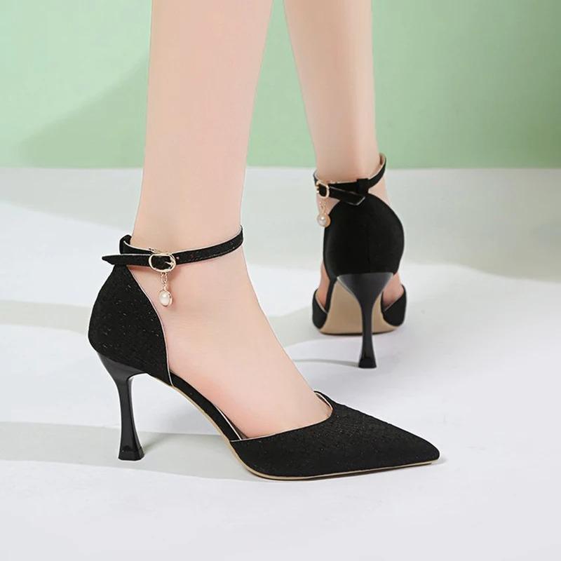 Fashion Ankle Strap Stiletto Heels Pumps for Women Sexy Super High Heel Party Shoes Woman Pointed Toe Pearl Elegant Zapato Mujer