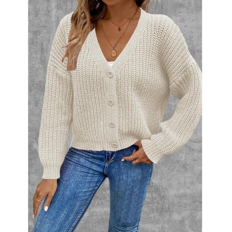 

Women V Neck Knitted Cardigan Jacket Long Sleeve Single Breasted Sweater Coat Autumn Winter Knitwear XL абрикосовий