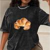 Cute Food Croissant Toast Print Vintage Washed Black Oversized T-Shirt Crew Neck Short Sleeve Tee for Women Streetwear