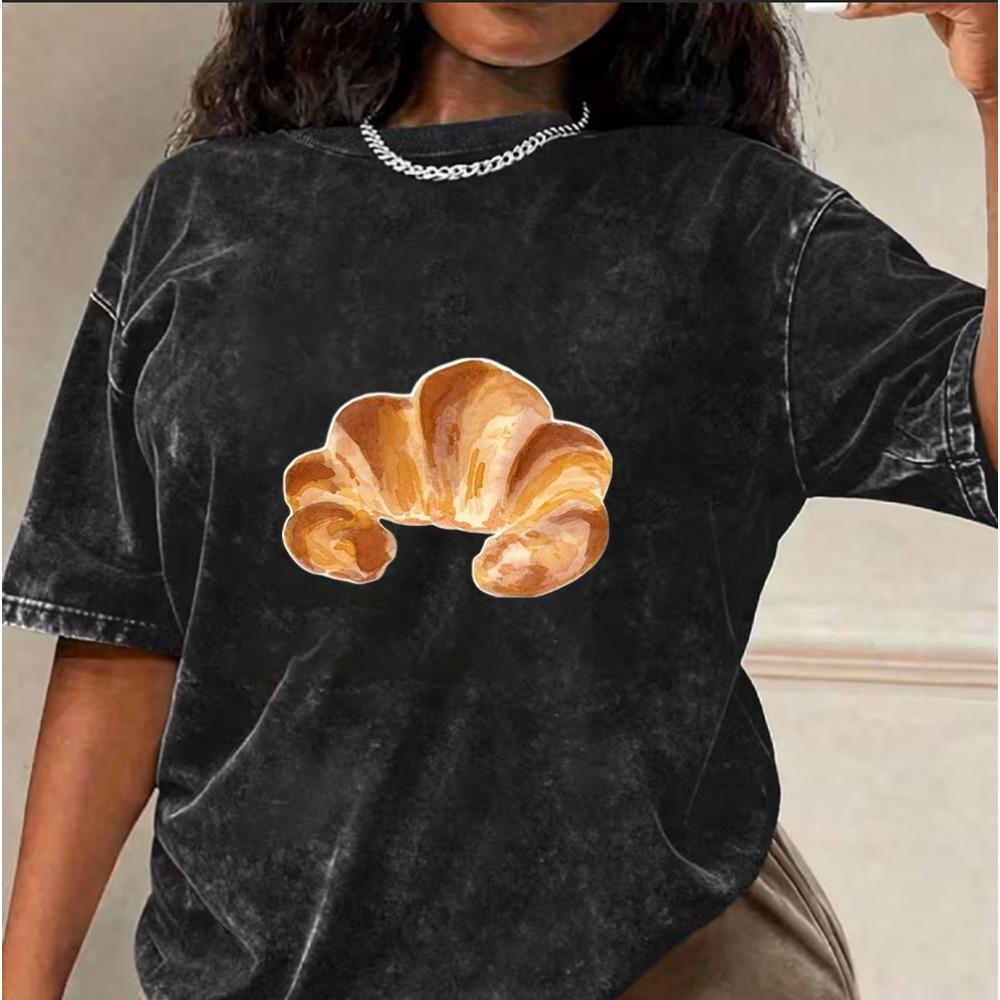 Cute Food Croissant Toast Print Vintage Washed Black Oversized T-Shirt Crew Neck Short Sleeve Tee for Women Streetwear