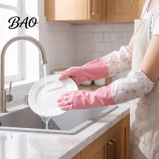 Warm Household Cleaning Gloves Long Sleeves Dishwashing Gloves, Thick Fleece Lining Non-Slip Silicone Rubber for Kitchen And Bath Reusable Waterproof