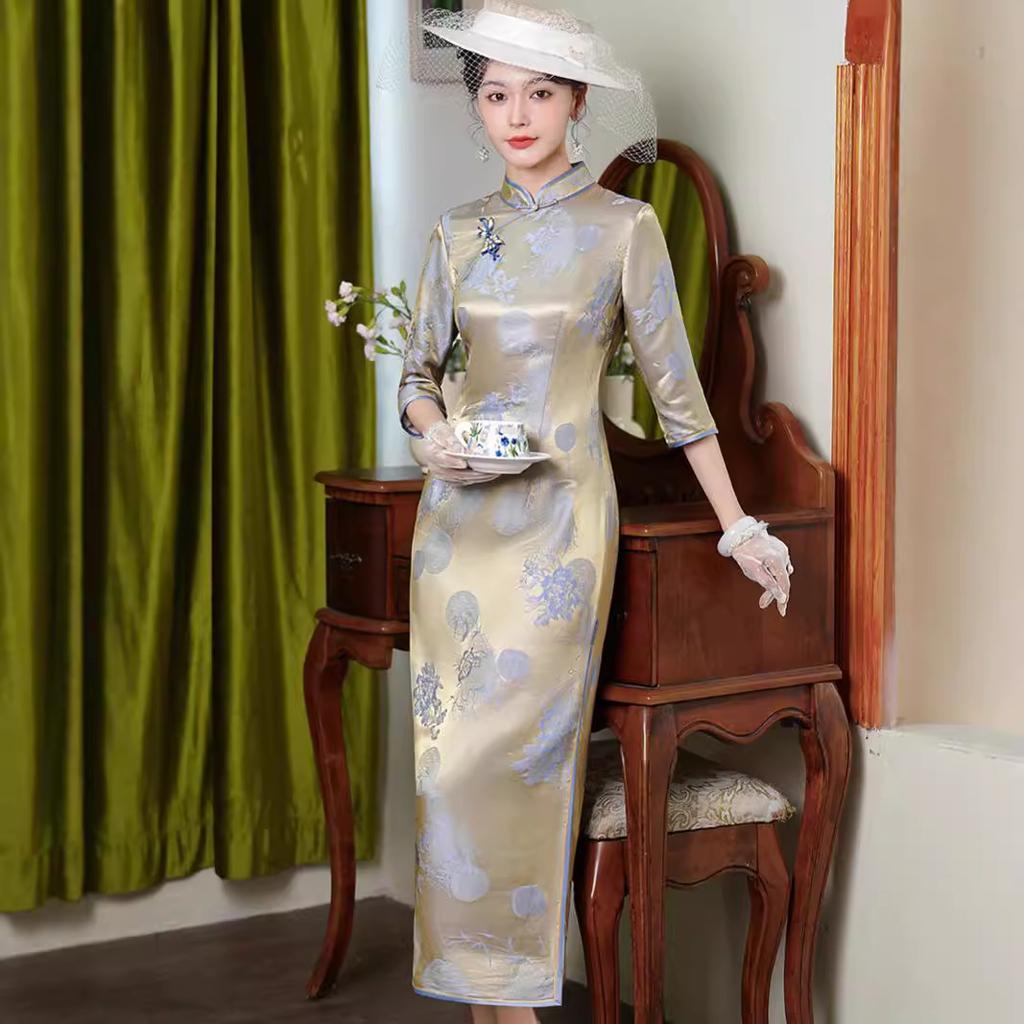 High-end silk cheongsam new Chinese style 1011 spring and autumn new women's improved interwoven mulberry silk long dress