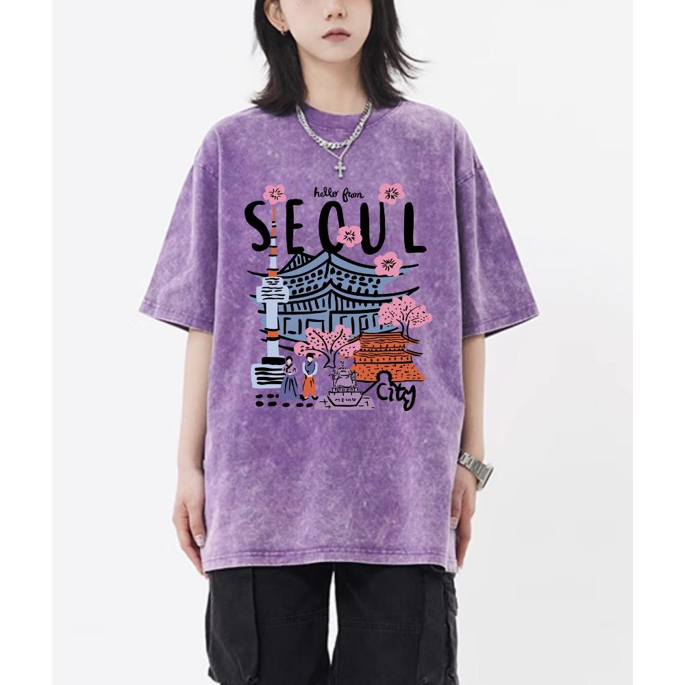 

Seoul Beautiful Scenery Printed Washed T-Shirt Female Breathable Cotton Cool Tee Shirt Summer Snow Wash Clothing S