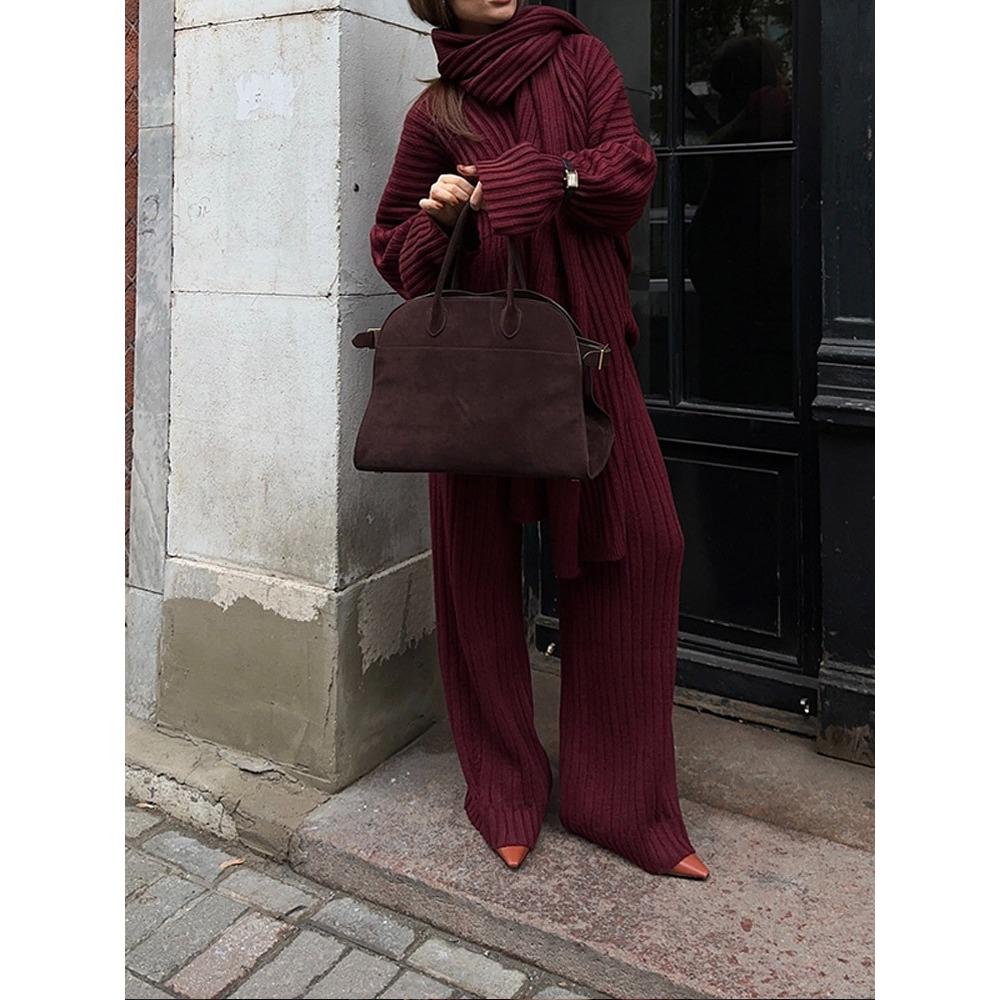 Autumn and Winter Wool Suit Women's Autumn and Winter High-end Sense Solid Color V-neck Sweater Straight Trousers Two-piece Set Women