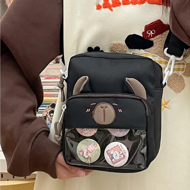 Kawaii Capybara Anime Crossbody Bag Versatile Student Casual Messenger Bag Sweet Translucent Cute Lightweight Canvas Multipurpose Shoulder Bag