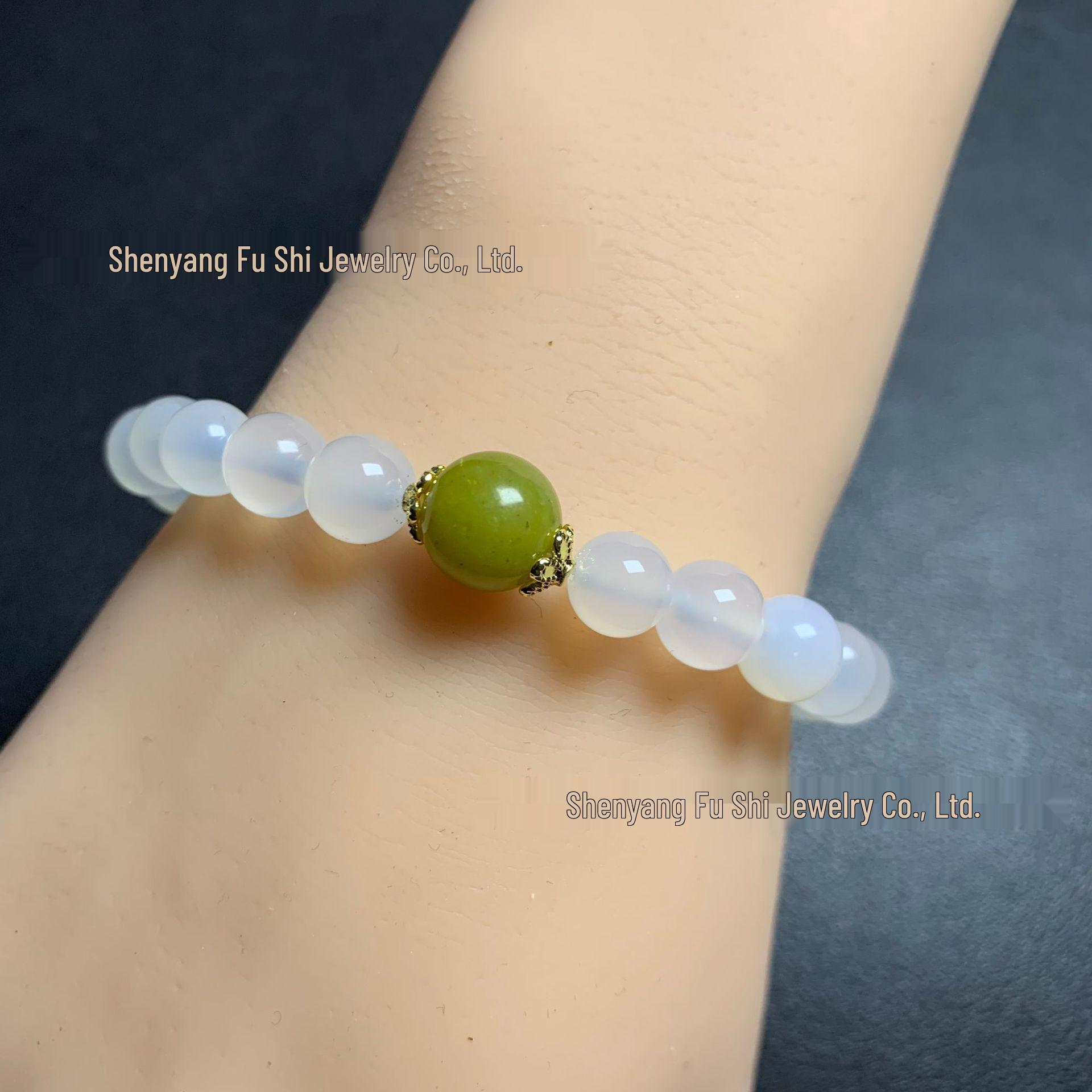Natural Agate Bracelet with 8mm Avocado Green Beads White Agate