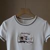 2025 Korean Style Cartoon Embroidered Slim Fit Cute Short Sleeve T-Shirt for Women