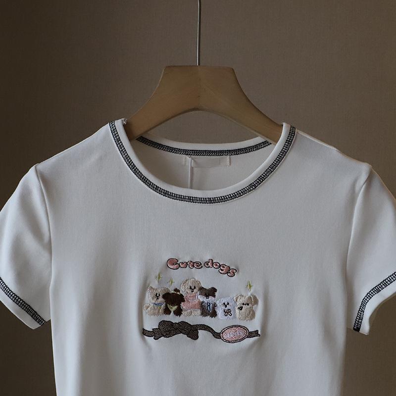 2025 Korean Style Cartoon Embroidered Slim Fit Cute Short Sleeve T-Shirt for Women