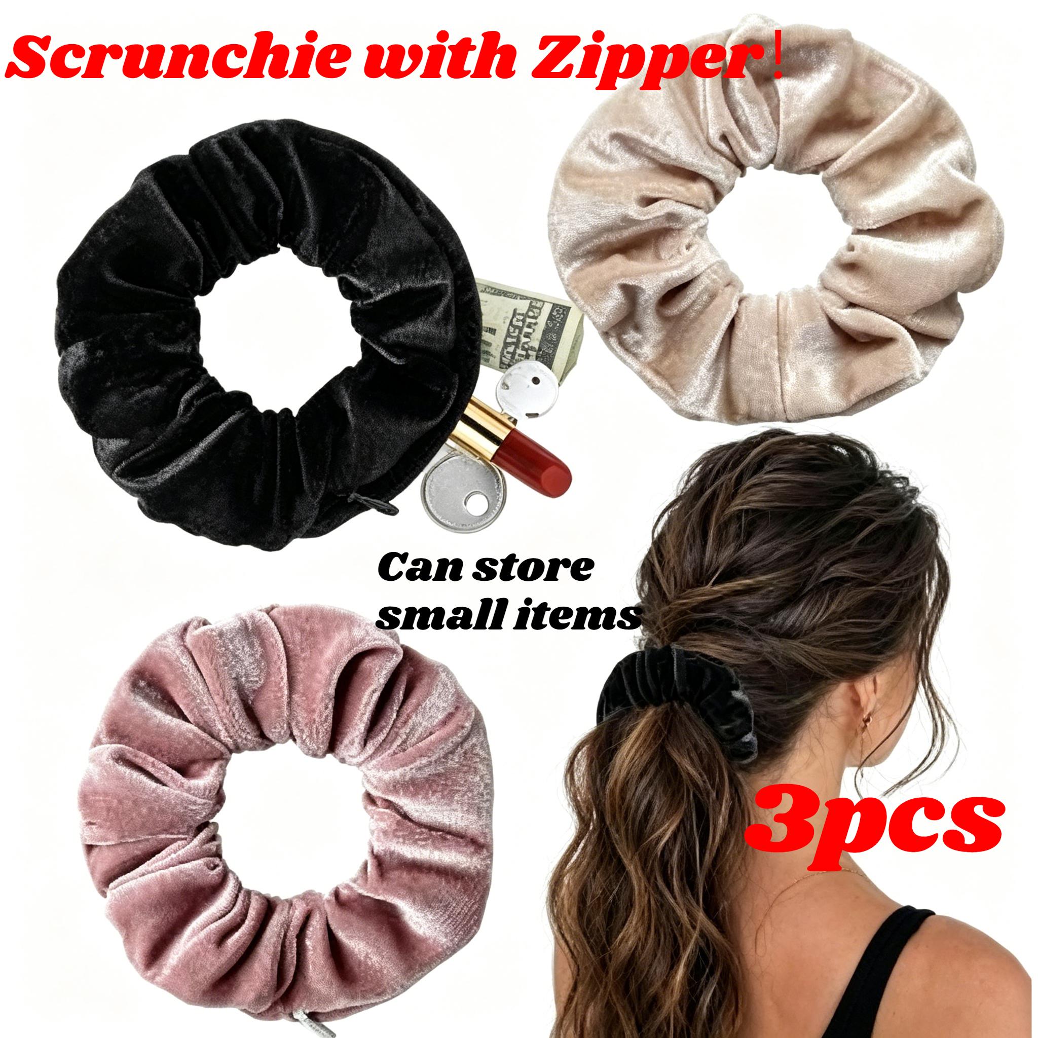 

3Pcs Fashion Hidden Safe Pocket Hair Scrunchies Retro Zipper Elastic Hair Bands Portable Storage Hair Ties for Keys Cash Jewelry