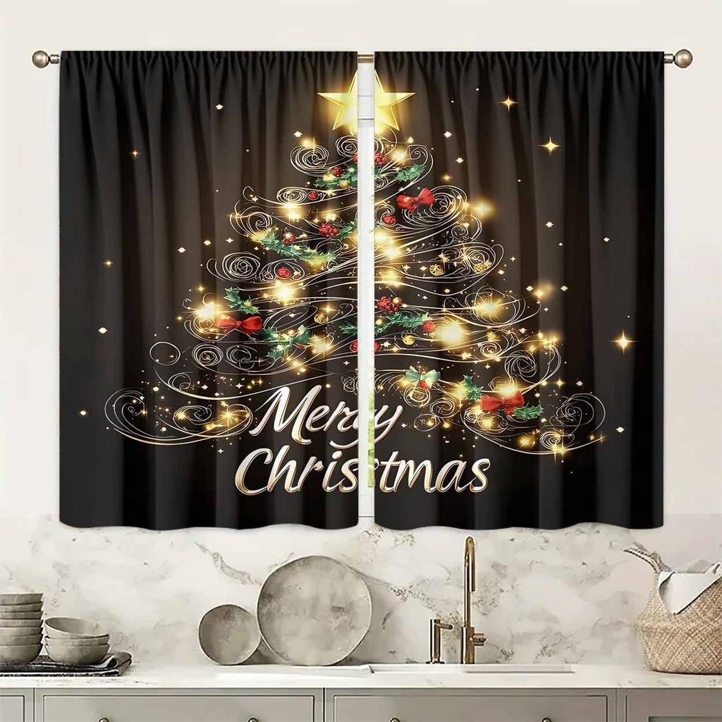 Christmas Tree Blackout Curtains 2pcs   Merry Print Light Filtering Rod Pocket Fade Resistant Machine Washable for Home Decor