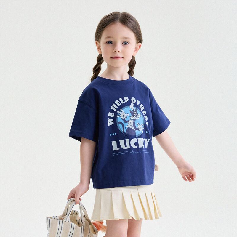 Yun er Ma Girls  2026 Summer Letter Print Cartoon Cotton T-Shirt 120