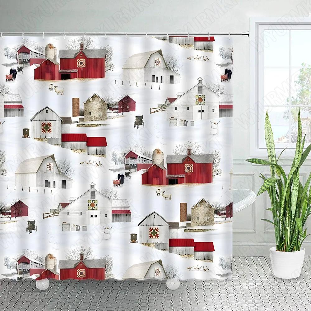Winter Skiing Shower Curtain Set Modern Ski Station Snow Mountain Pine Tree Forest Bath Curtains Blue Christmas Bathroom Decor