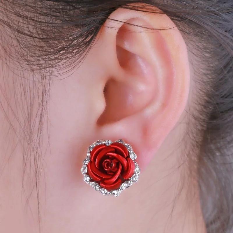 Rose Shaped 4 Color Alloy Rhinestone Stud Earrings for Women Silver Plated Crystal Rose Earrings Fashion Jewelry Gift