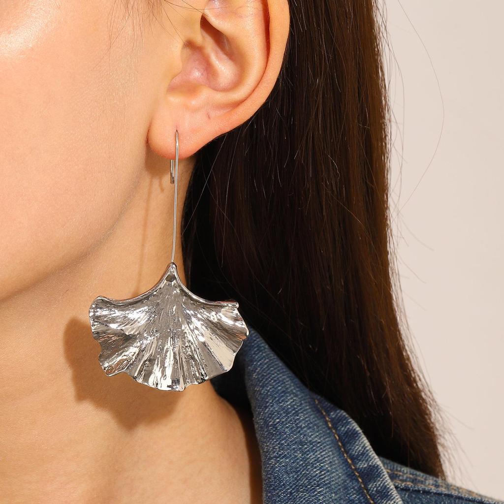 Ginkgo Leaf Textured Earrings with Ear Hooks - Bold and Fashionable for Women