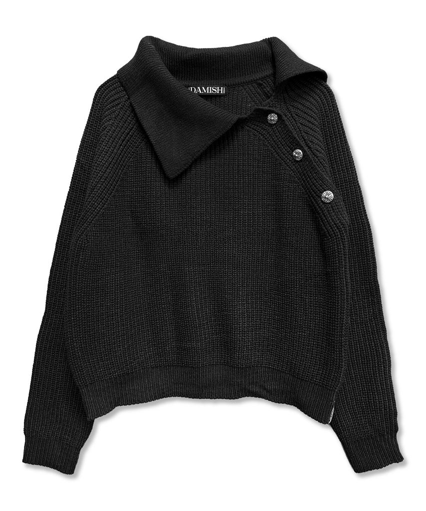 Damiswi Oblique Collar Cross Button Knit_Black