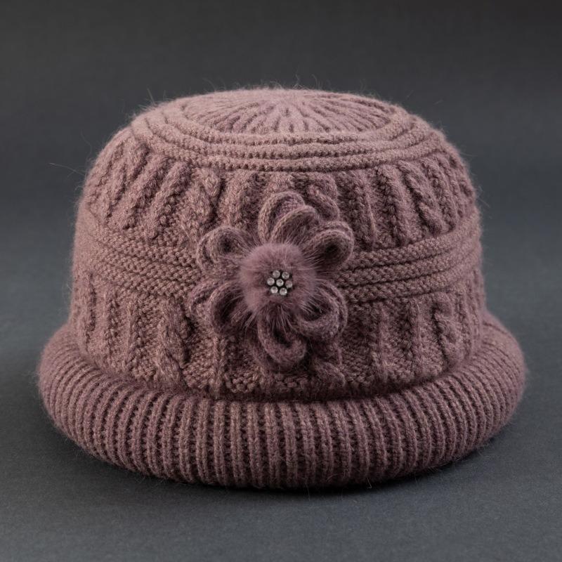 Middle-aged and Elderly Floral Knitted Thick Velvet Winter Hat