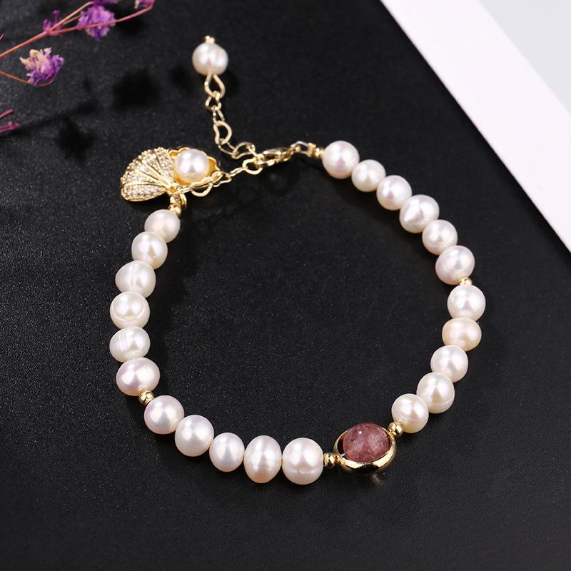

Freshwater Pearl & Rhinestone Shell Bracelet - Korean Style Women s Fashion Bangle.