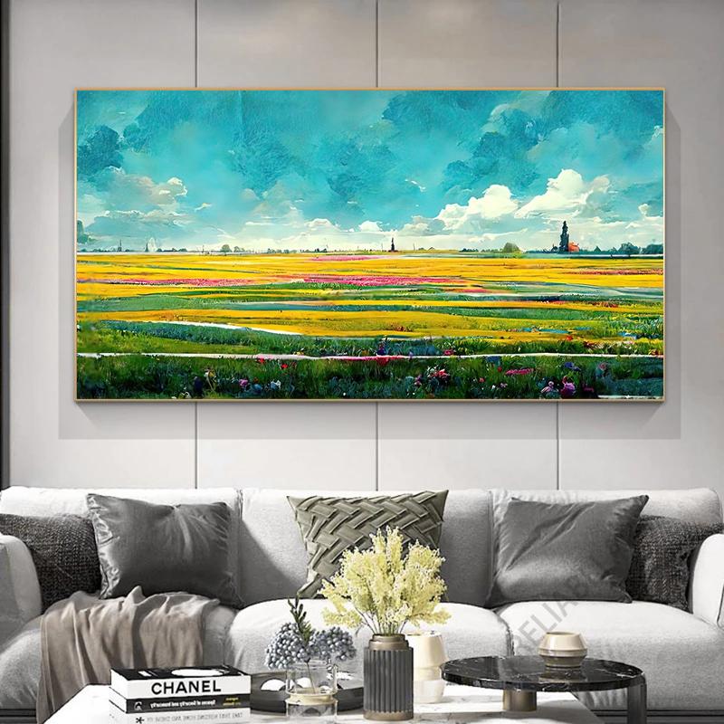 Abstract Colorful Flower Field Canvas Painting Printed On Canvas Floral Landscape Posters and Prints for Living Room Wall Decor