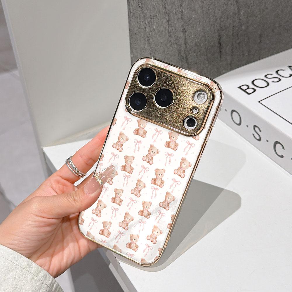 

Lucky Start Phone Case For iPhone 17 16 15 14 13 12 11 Pro Max 16E Gold Electroplated glass shell Blush Cute Bear & Bow Cover IPHONE16PRO