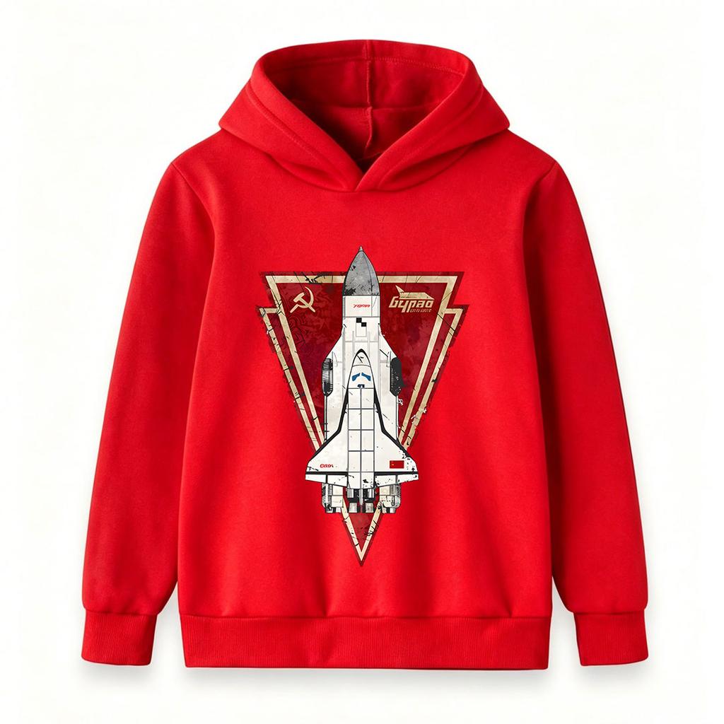 Kids Boys Girls Pullover Hoodie, Vintage Soviet Buran Space Shuttle Print Casual Hooded Sweatshirt for Space Fans, Comfortable Long Sleeve Tops for Da