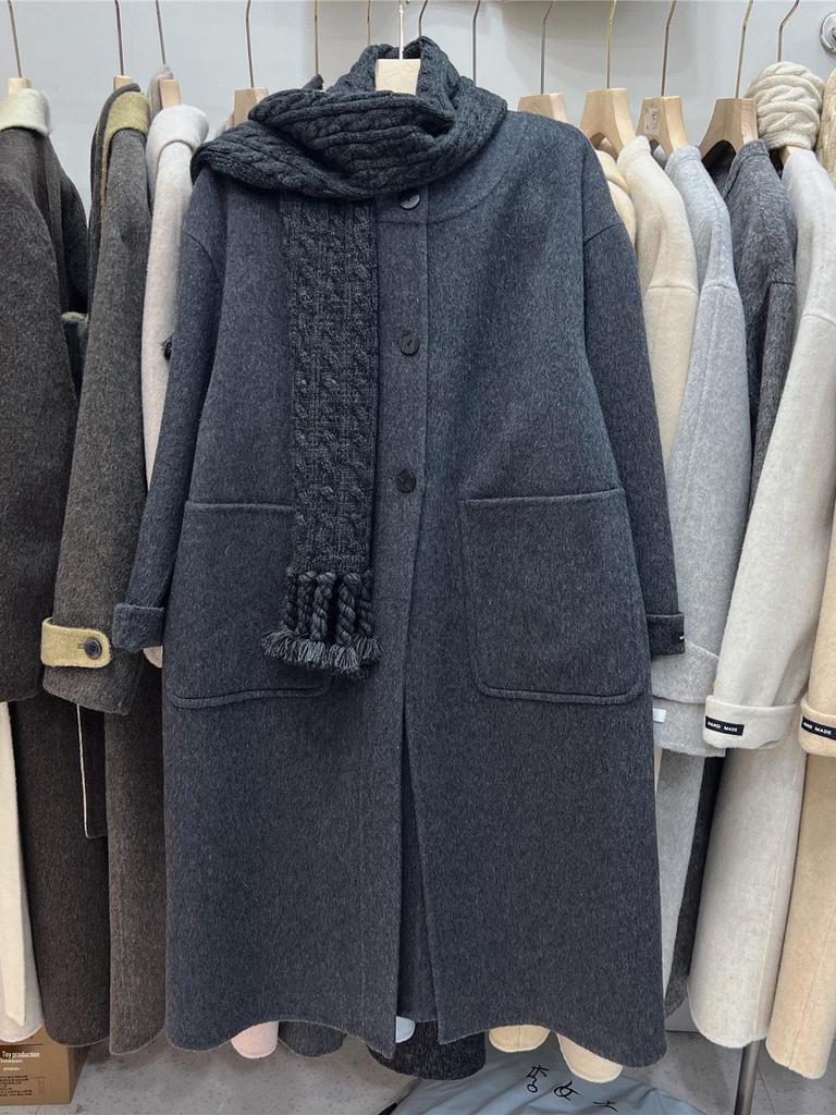 2025 Autumn/Winter Korean Style Mid-Length Double-Sided Cashmere Wool Coat with Scarf