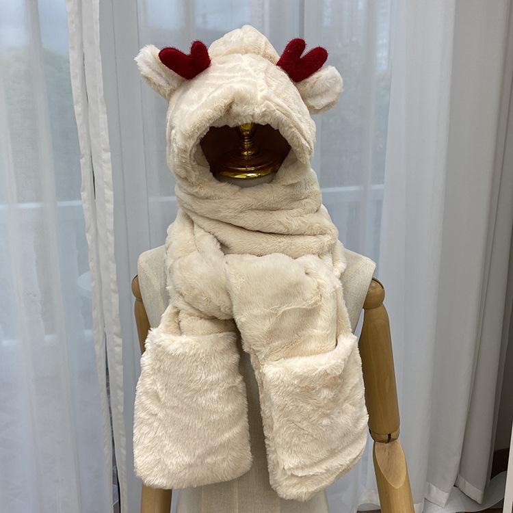 Hat and Scarf Integrated Cute Deer Ears Thickened Plush Scarf Women's Winter Warm Neck Gloves Three-piece Set
